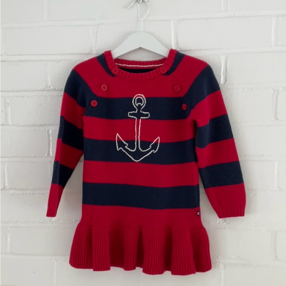 Nautical Toddler Size 2T Red and Navy Striped Sweater Dress with Anchor Design